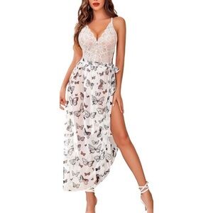 NWT Women's One Piece Lingerie Deep V White Lace Bodysuit with Mesh Skirt